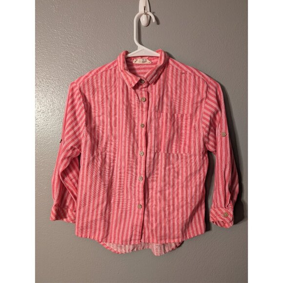 Jessica Simpson Girls 8 Pink Striped Linen Blend Roll Tab Button Shirt Top - Picture 1 of 4